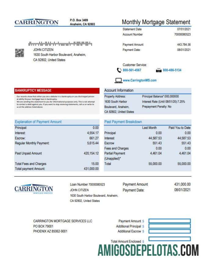 Exemplo de PDF em Excel dos EUA Carrington Mortgage Services